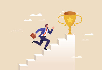 Business success. Vector illustration of a man in a business suit running up the stairs to the victory cup. Isolated on an abstract background