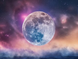 A stunning full moon dominates a vibrant night sky with colorful nebulae above a serene sea, merging dreams with reality.