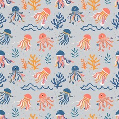 a pattern with sea creatures like octopuses, jellyfish, and starfish intertwined