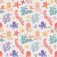 a pattern with sea creatures like octopuses, jellyfish, and starfish intertwined