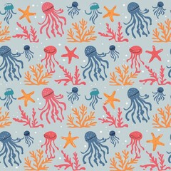 Obraz premium a pattern with sea creatures like octopuses, jellyfish, and starfish intertwined