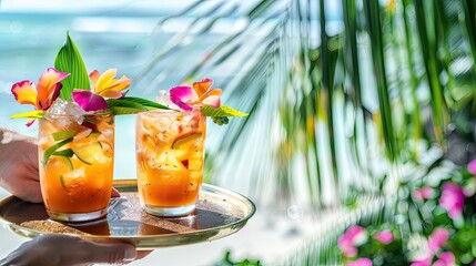 Beautiful exotic cocktails on the beach. Selective focus.