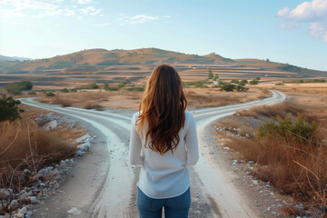 Woman standing at a crossroad in a sunlit countryside landscape, deciding on a path to take.