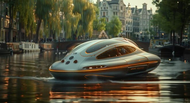 A hovercraft taxiing on a river in a major city, photorealistic