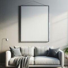 A white couch with a blanket and a picture frame on the wall image realistic photo harmony card design.