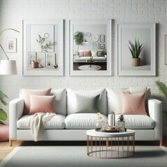 A white couch with pink pillows and a coffee table with plants on the wall image photo attractive lively card design.