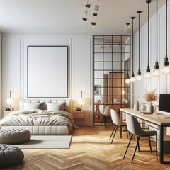 Bedroom sets have template mockup poster empty white with a desk and a computer art photo attractive harmony used for printing.