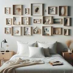 Bedroom interior with Bedroom interior frame and a shelf of objects on the wall realistic attractive has illustrative meaning card design.