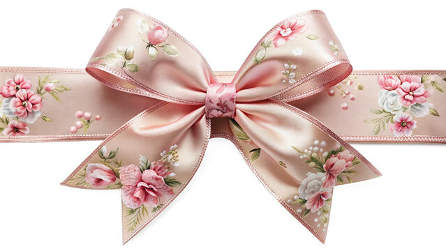Pastel Pink color Floral Pattern Bow and Ribbon straight long Horizontal Realistic shiny satin
