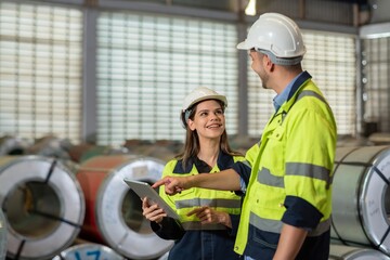 technician Factory mentor teaching apprenticeship trainee operating machine looking monitors and...