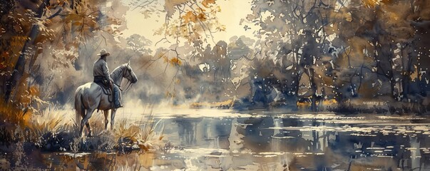 Design a watercolor painting showing a tender moment between a horse and its rider at eye level, emphasizing trust and companionship in a natural setting