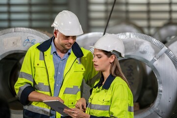 technician Factory mentor teaching apprenticeship trainee operating machine looking monitors and...