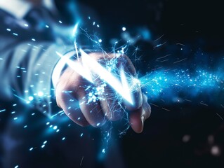 Close-up of a hand with a dynamic electric spark symbolizing power, technology, and innovation.