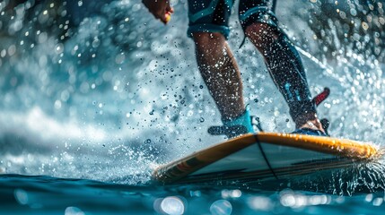 Naklejka premium A person is actively riding a surfboard on the water, demonstrating skill and balance