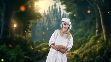 Fototapeta premium Smiling woman looking by VR surround wonderful fairytale forest wonderland in bokeh neon falling at castle meta world like mystery magic greenery fantasy town imaginary bright sun light. Contraption.