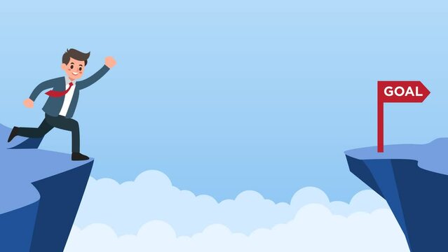 animation businessman jumped over the cliff to the red flag.Concept of business risk and success. Crossing obstacles to goals. Business competition and leadership  Vector illustration 