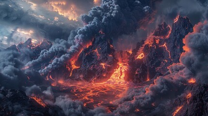 Dramatic depiction of overspending through vivid lava flows and thick smoke, sharply focused against a dark sky backdrop