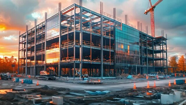 Construction site with crane lifting steel beams into place It shows the skeleton of the new building.
