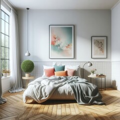 Bedroom sets have template mockup poster empty white with Bedroom interior and a painting on the wall image art photo photo lively.