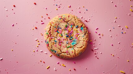 A cookie covered in colorful sprinkles sits on a vibrant pink background