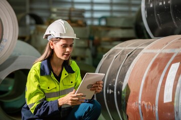 young woman engineer in uniform inspection warehouse and check control heavy machine construction...