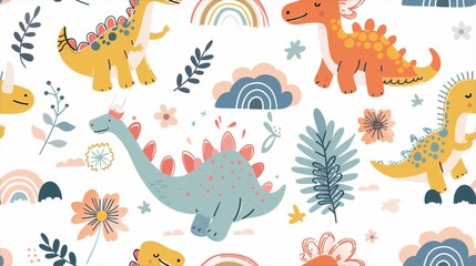 cute dinosaurs, clouds, flowers, trees, rainbows patterns. in a minimalistic crayon doodle illustration style