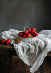 Still life with strawberries on wooden table.