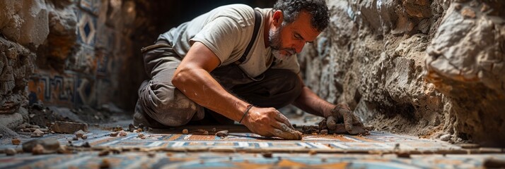 archeologist carefully restoring a mosaic floor in an ancient Roman villa
