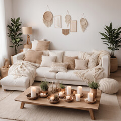 Modern boho interior of the living room in a cozy apartment. Simple cozy living room interior with white sofa, decorative pillows, wooden table with candles and natural decorations