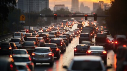 Busy road traffic jam on road red glowing lights evening view