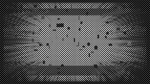 Dark black and white animated background with halftone effect, fast moving images, glitches and static effects