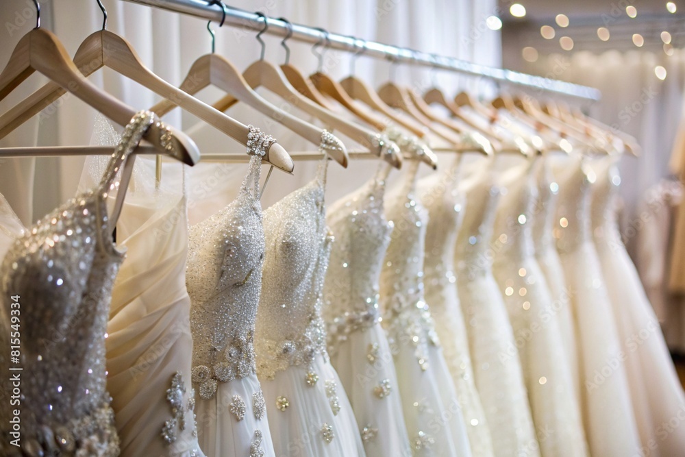 Wall mural Rental and purchase of wedding dresses for events. Close-up. Wedding white dresses hang on white hangers on a rod in the bridal salon store.