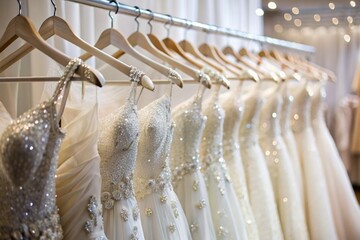 Rental and purchase of wedding dresses for events. Close-up. Wedding white dresses hang on white hangers on a rod in the bridal salon store.