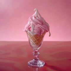 A vibrant pink ice cream cone sits in a glass on a bold red background