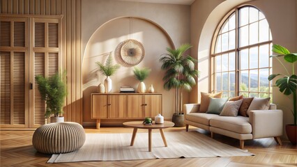 Boho interior design of modern living room, home. Wooden cabinet near arch window against beige wall.