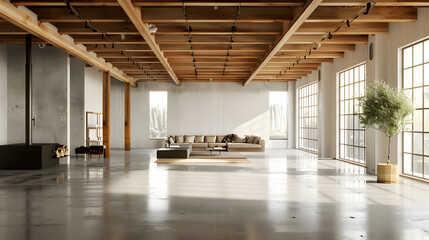 Elegant and spacious open concept interior rooms new construction with concrete floors designer decor wood beams on ceiling classic style : Generative AI