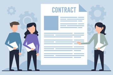 Contract concept vector illustration in flat style. Man and woman signing contract