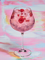 A close-up of a refreshing pink gin tonic filled with ice and berries set against a colorful...