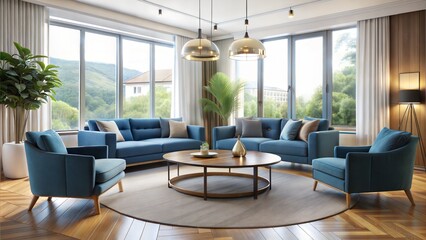 Blue sofa and armchairs near round coffee table. Interior design of modern living room. Created with generative AI