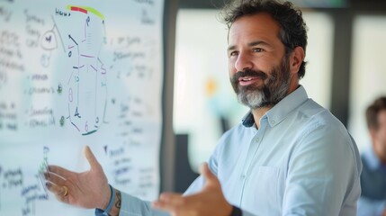 Fototapeta premium Man Points at Whiteboard in Conference Room