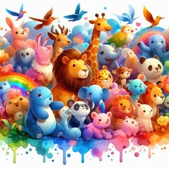 Naklejka premium Zoo Fun: Cartoon Animal Design with Watercolor Technique