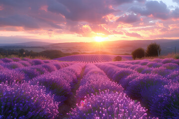 Sunset over lavender fields