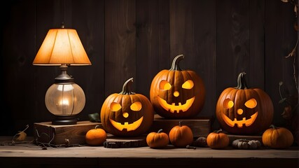 Obraz premium Halloween pumpkins on a wooden backdrop with a lamp