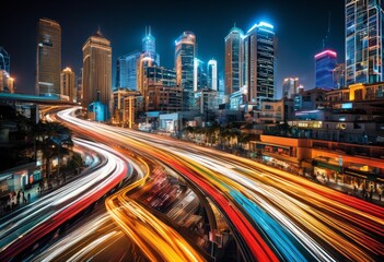 illustration, dynamic urban time bustling cityscape motion, skyline, buildings, traffic, busy, streets, cars, lights, movement, modern, architecture