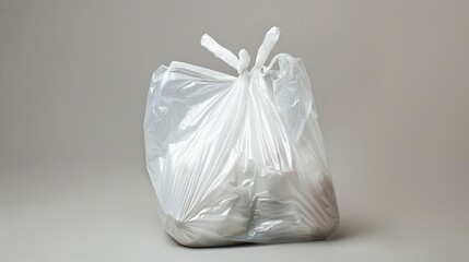 A white plastic bag, slightly open, on a white background.

