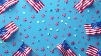 Obraz premium happy 4th of July background .American flags on blue background. American flag pattern, flat lay, top view, close up. Happy independence day concept.
