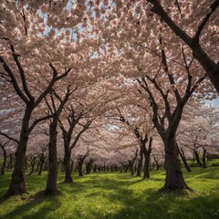 Fototapeta na wymiar A peaceful grove of cherry blossom trees in full bloom. 