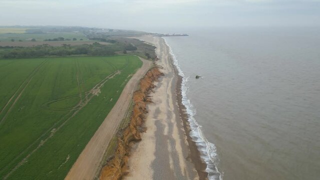 Drone shot of Kessingland Beach under a cloudy day in Suffolk, England.