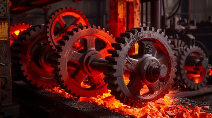 Fiery Red Cogs and Wheels in a Hot Forge, Capturing the Essence of Industrial Strength and Heat