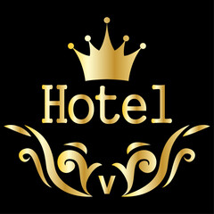 golden emblem hotel logo with crown and pattern